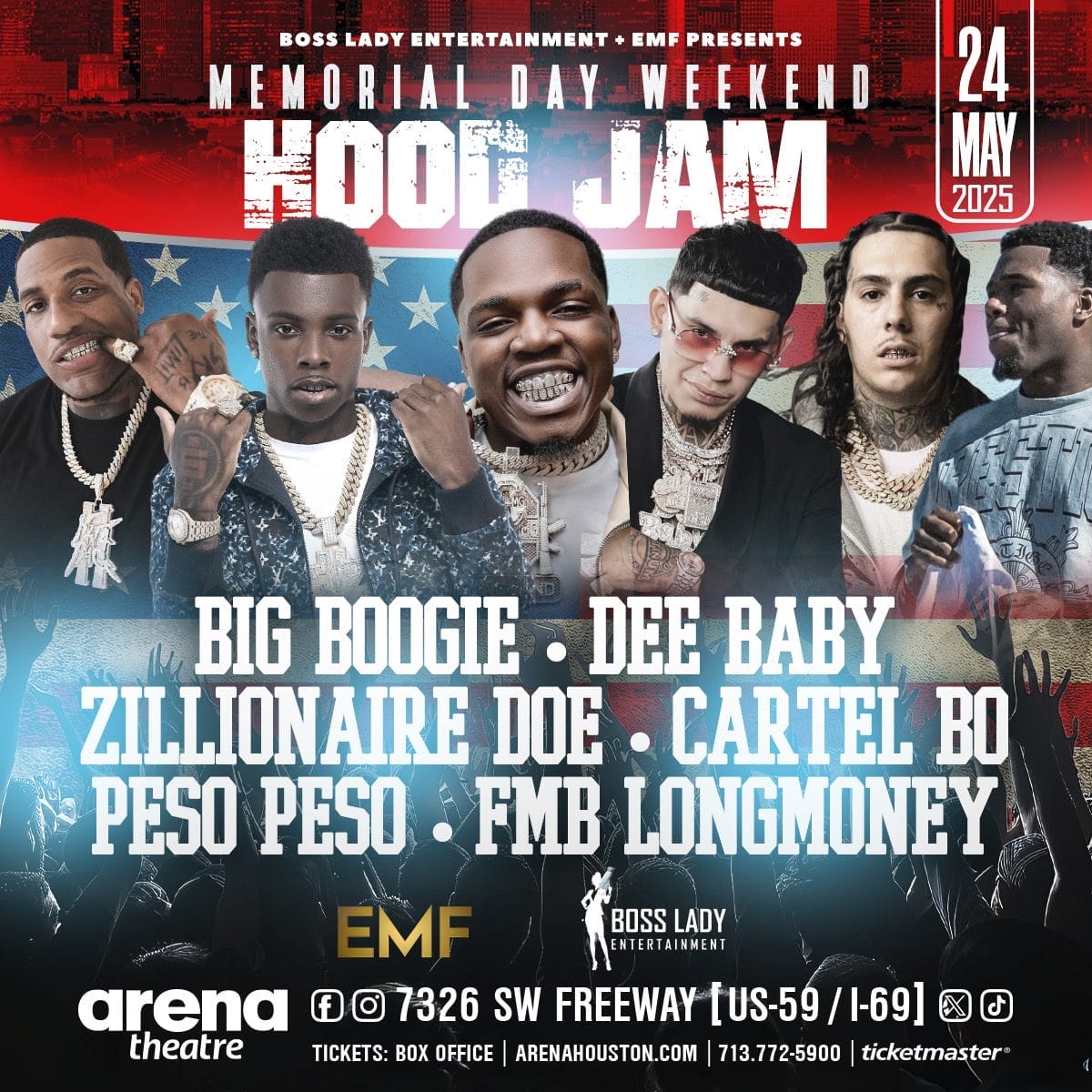 05/24/25 – Boss Lady, DMF, & DJ Wildhairr present – Memorial Day Hood Jam 2025: Big Boogie, Dee Baby, Cartel Bo, Zillionatre Doe, Peso Peso, FMB Longmoney – Arena Houston