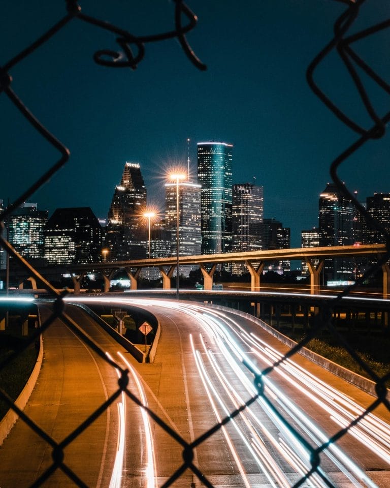A city skyline at night